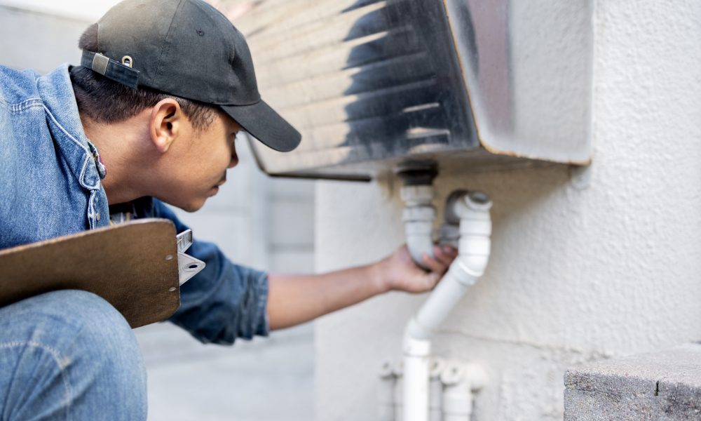 man-plumber-and-check-faucet-pipes-for-building-m-2023-03-02-02-41-05-utc Man, plumber and check faucet pipes for building maintenance, renovation and builder service. Handy.